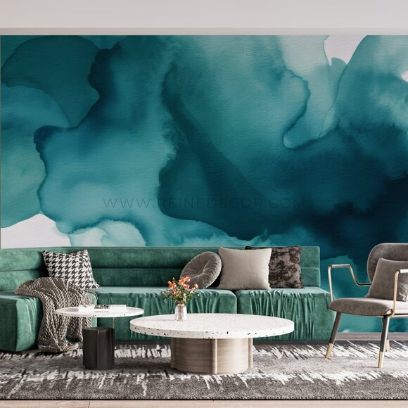 Teal and Blue Watercolor Wallpaper | Artistic Ocean-Inspired Decor - Picture 4 of 9
